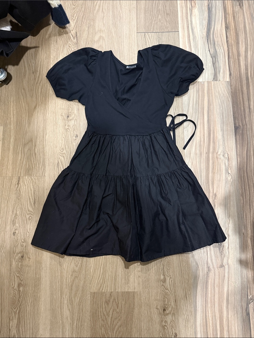 Zara Black Puff-Sleeve Tie-Waist Mini Dress